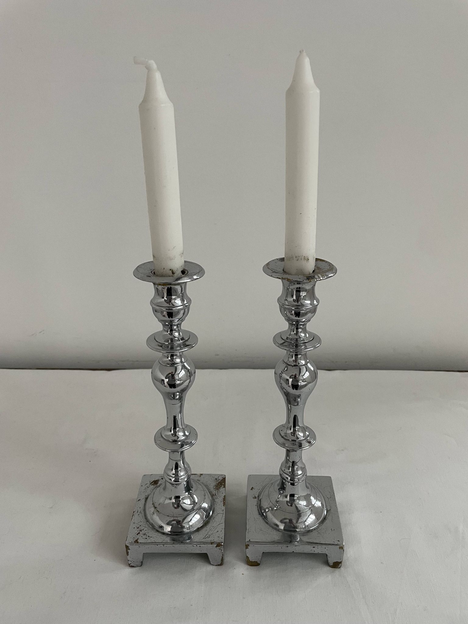 Large antique silver plated candlesticks, square base, pair, classic