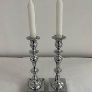 Large antique silver plated candlesticks, square base, pair, classic