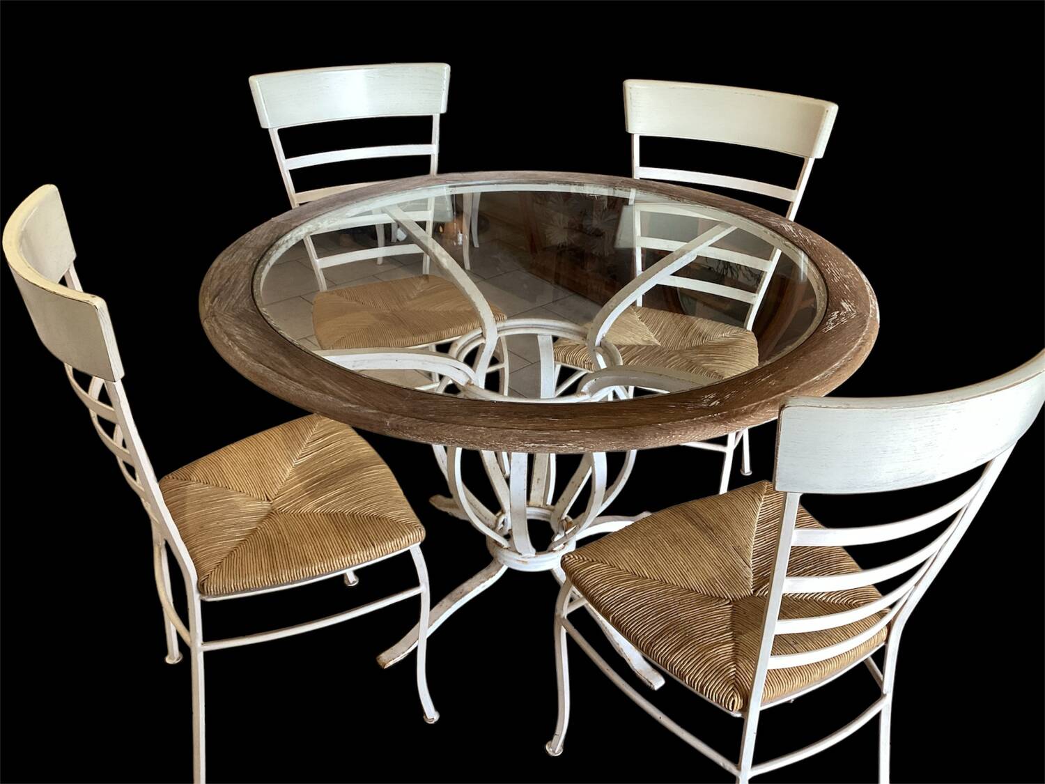 Round wrought iron table, wood & glass