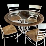 Table ronde fer forgé bois & verre