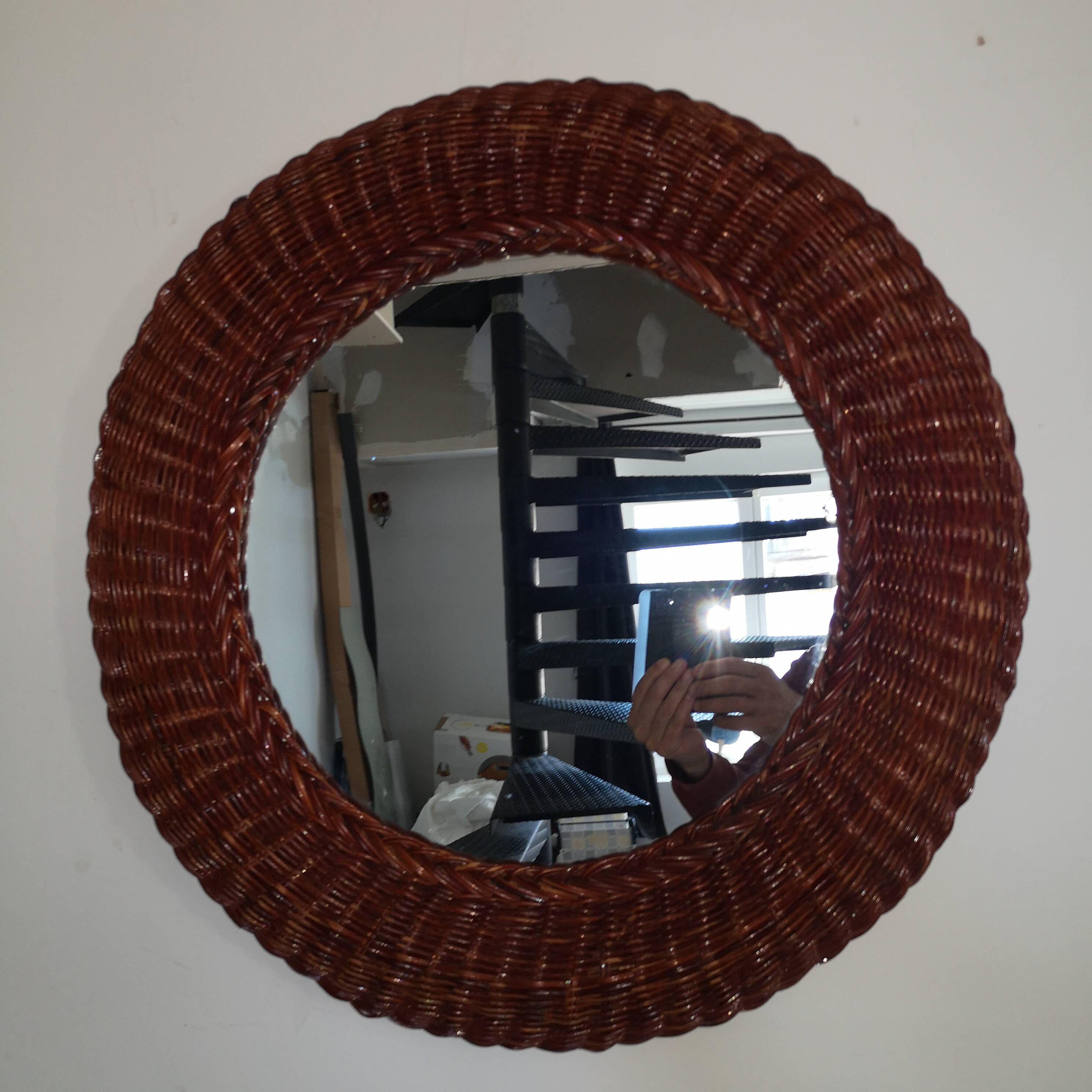 Woven wicker mirror vintage italy 1970