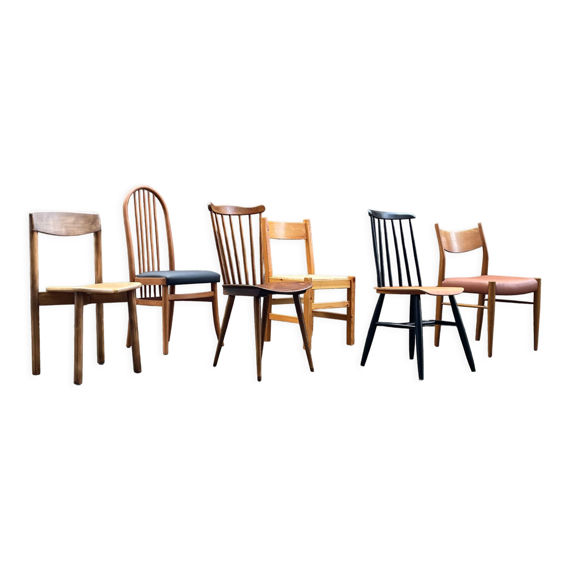 Series of 6 mismatched vintage chairs