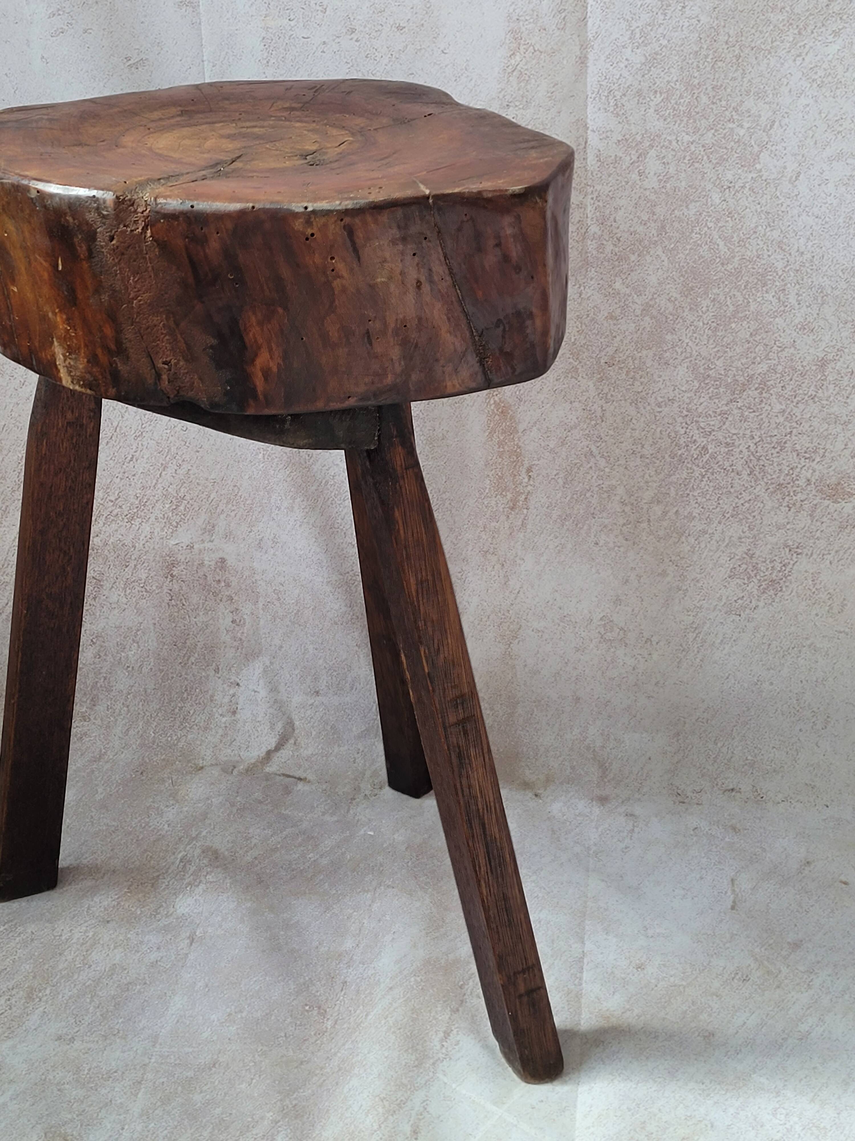 Wooden tripod stool wabi sabi trunk