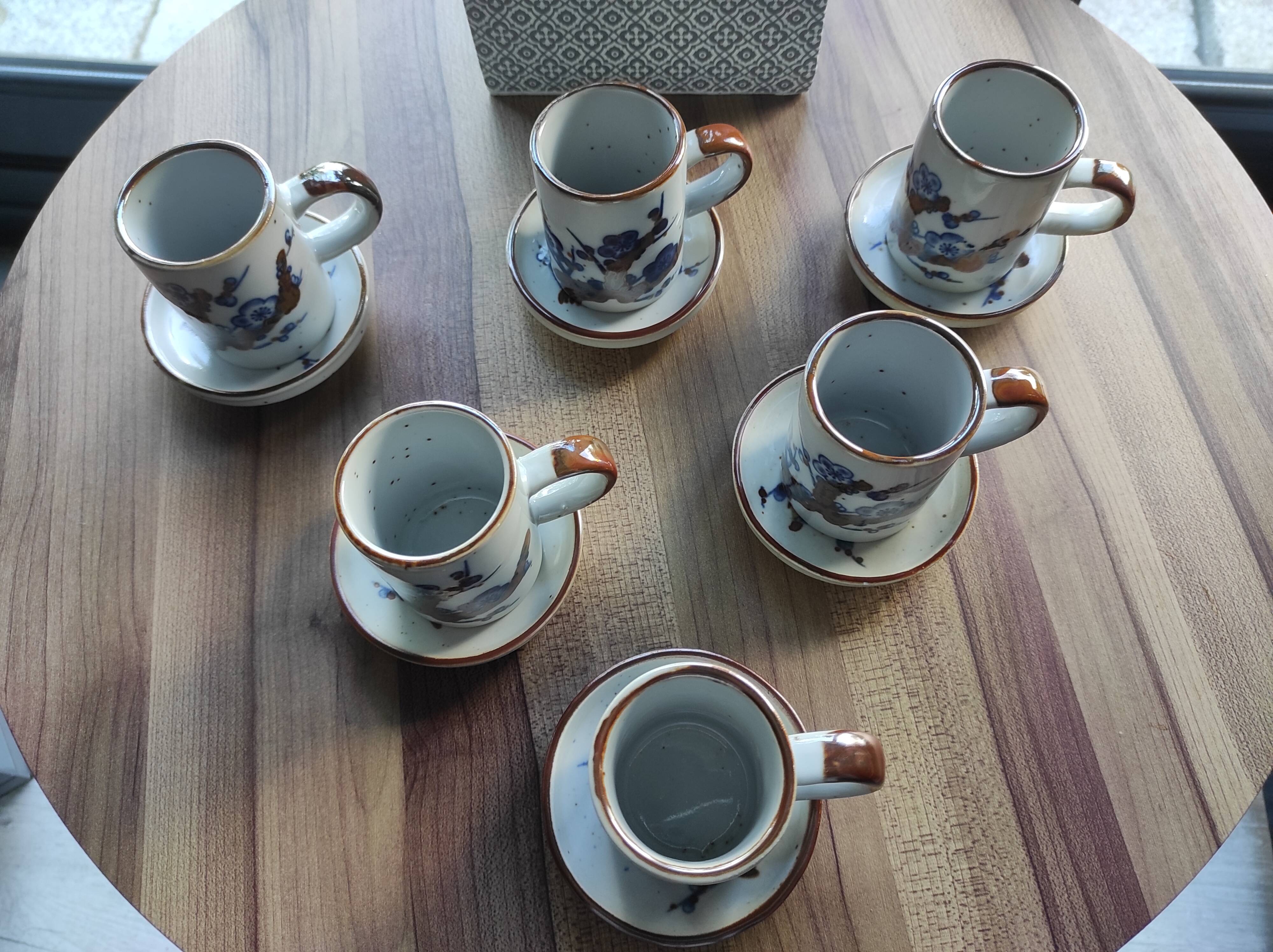 Set of 6 French stoneware coffee cups and 6 saucers