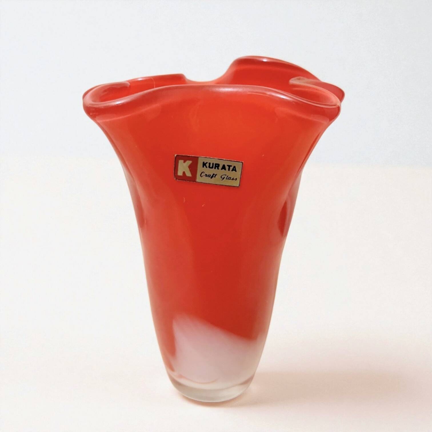 Large red blown glass vase, Japanese KURATA, 1970s, Made in Japan