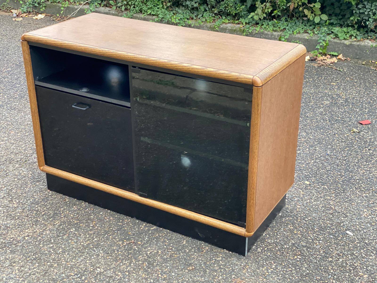 Vintage wood and black glass TV cabinet buffet