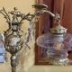 Bronze table lamp with dragon arm and cut glass shade, 1940s