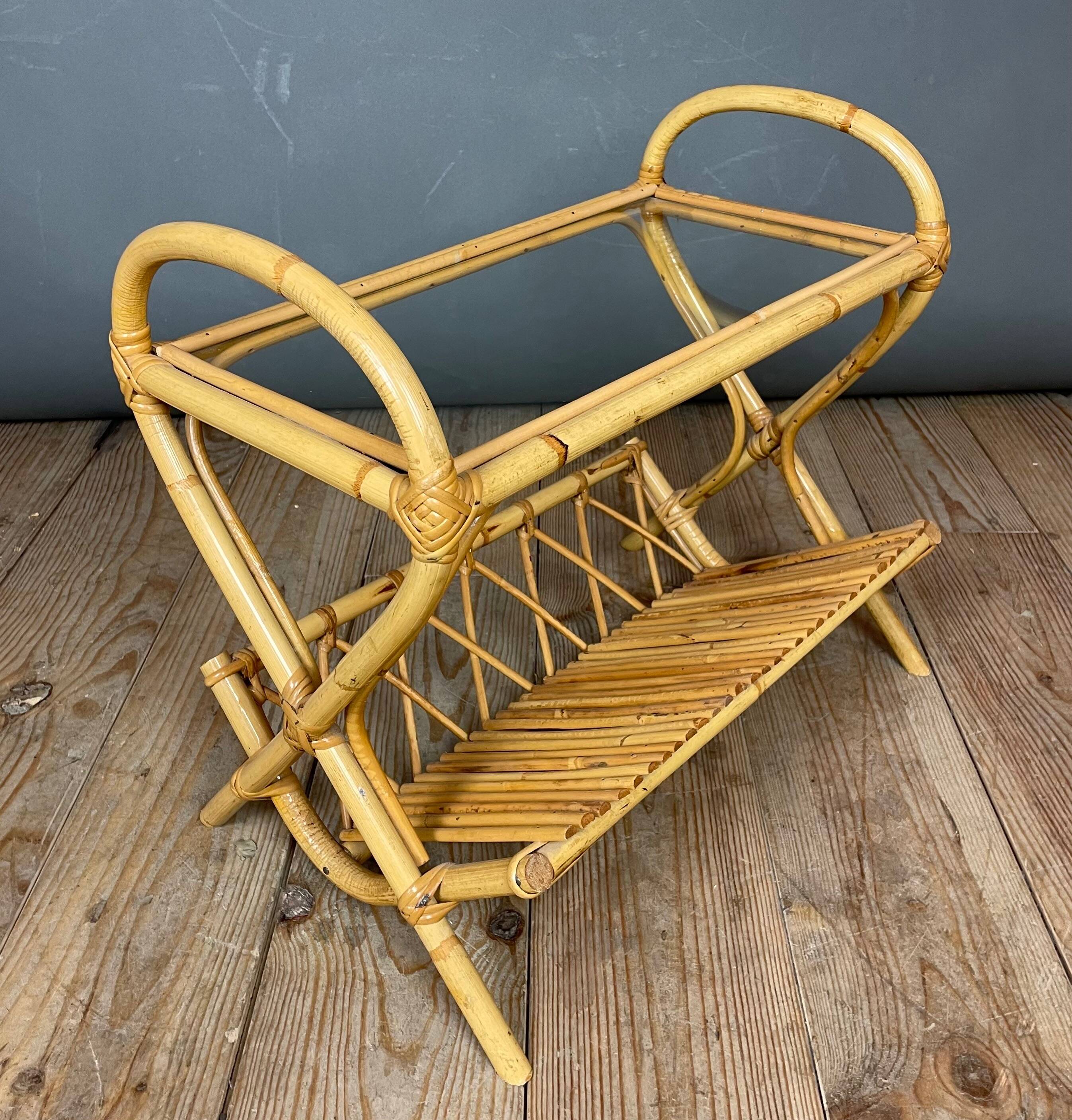 Rattan and glass end table 1960s