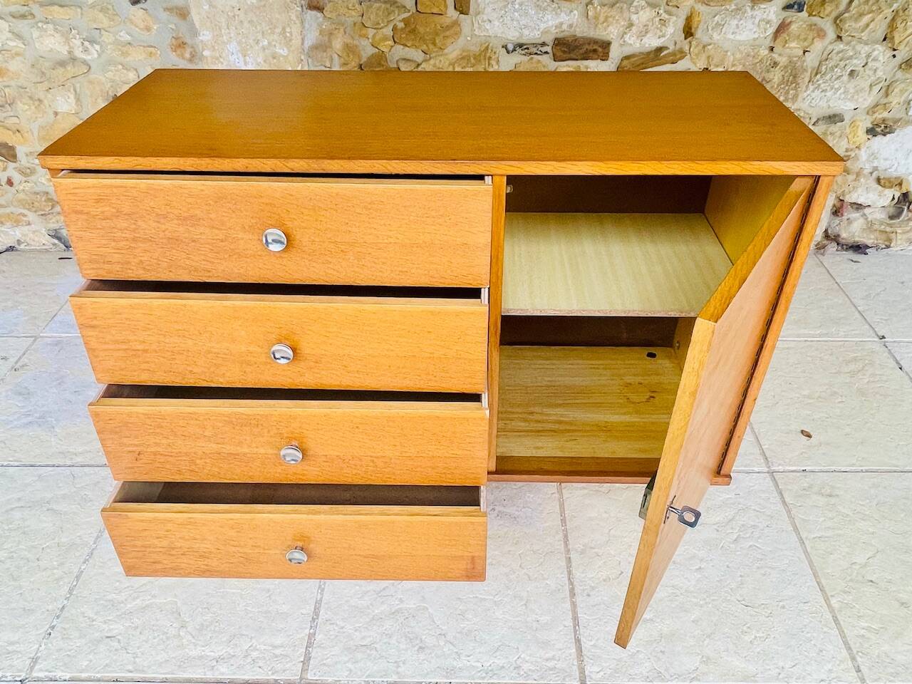 Large vintage chest of drawers with 4 drawers and oak storage, circa 1960s.