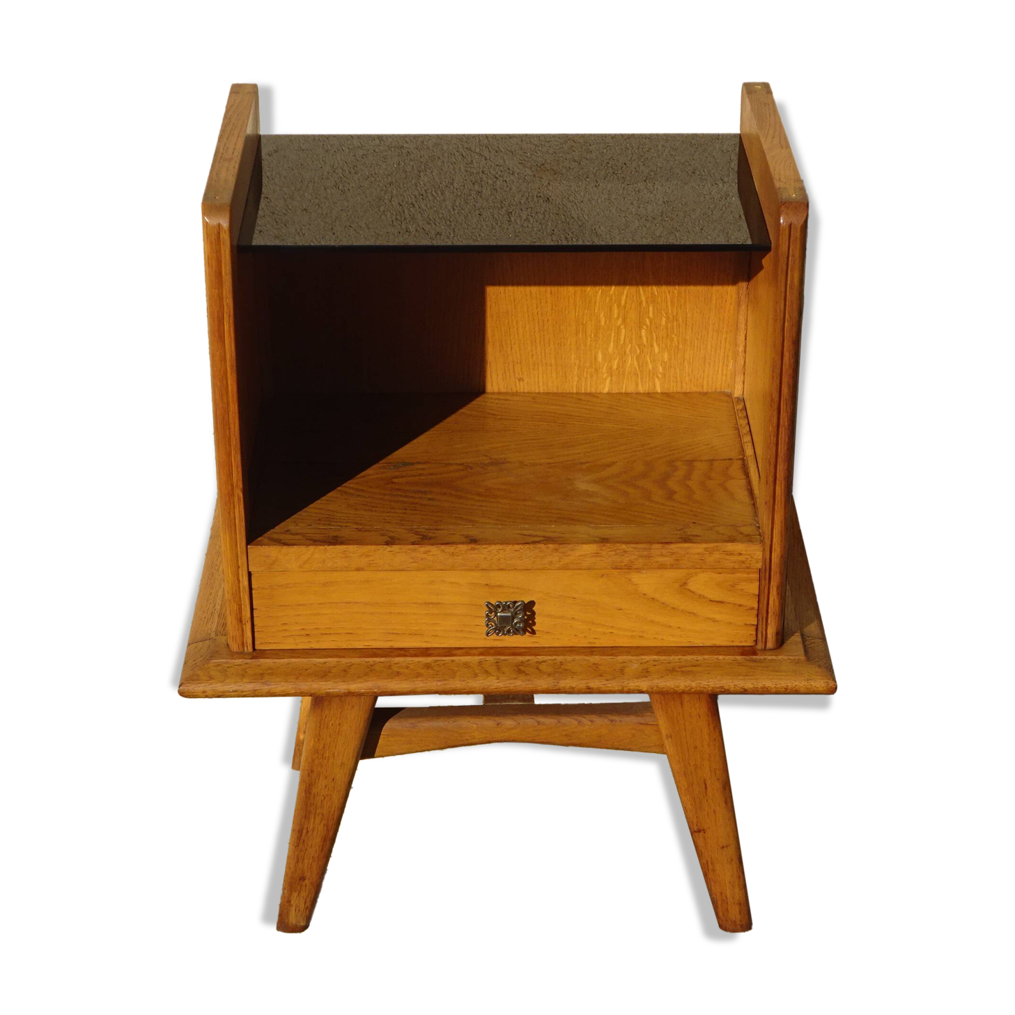Vintage oak bedside table with splayed legs