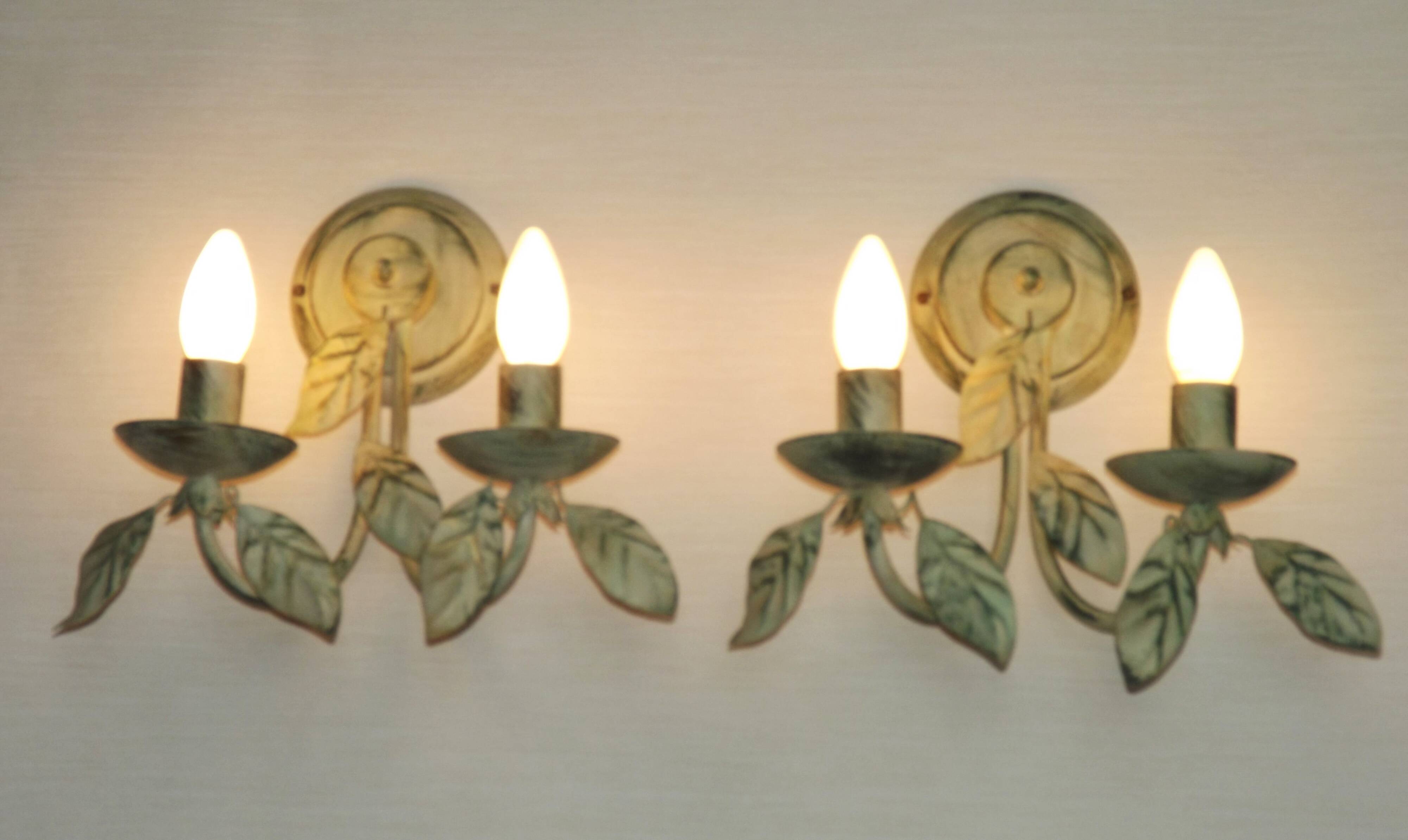 Pair of Vintage Italian Double Wall Lights Leaf Detail Green & Gold Finish