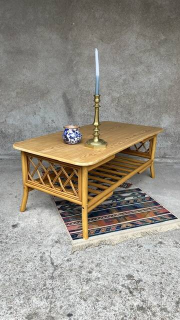Vintage bamboo, wood and rattan coffee table