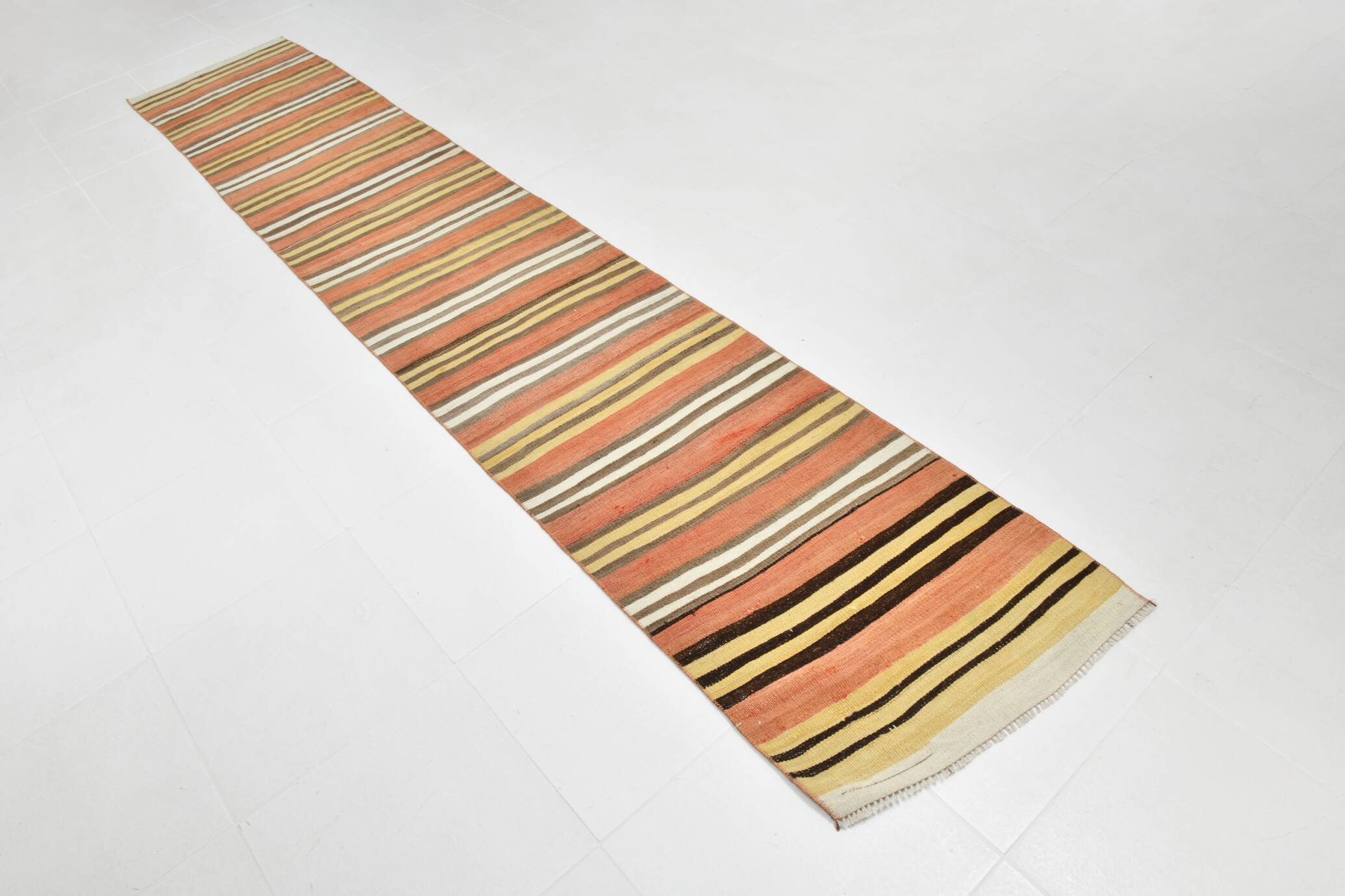 Tapis Kilim Vintage Rayé, Long Format aux Tons Chauds Boho, 65x366