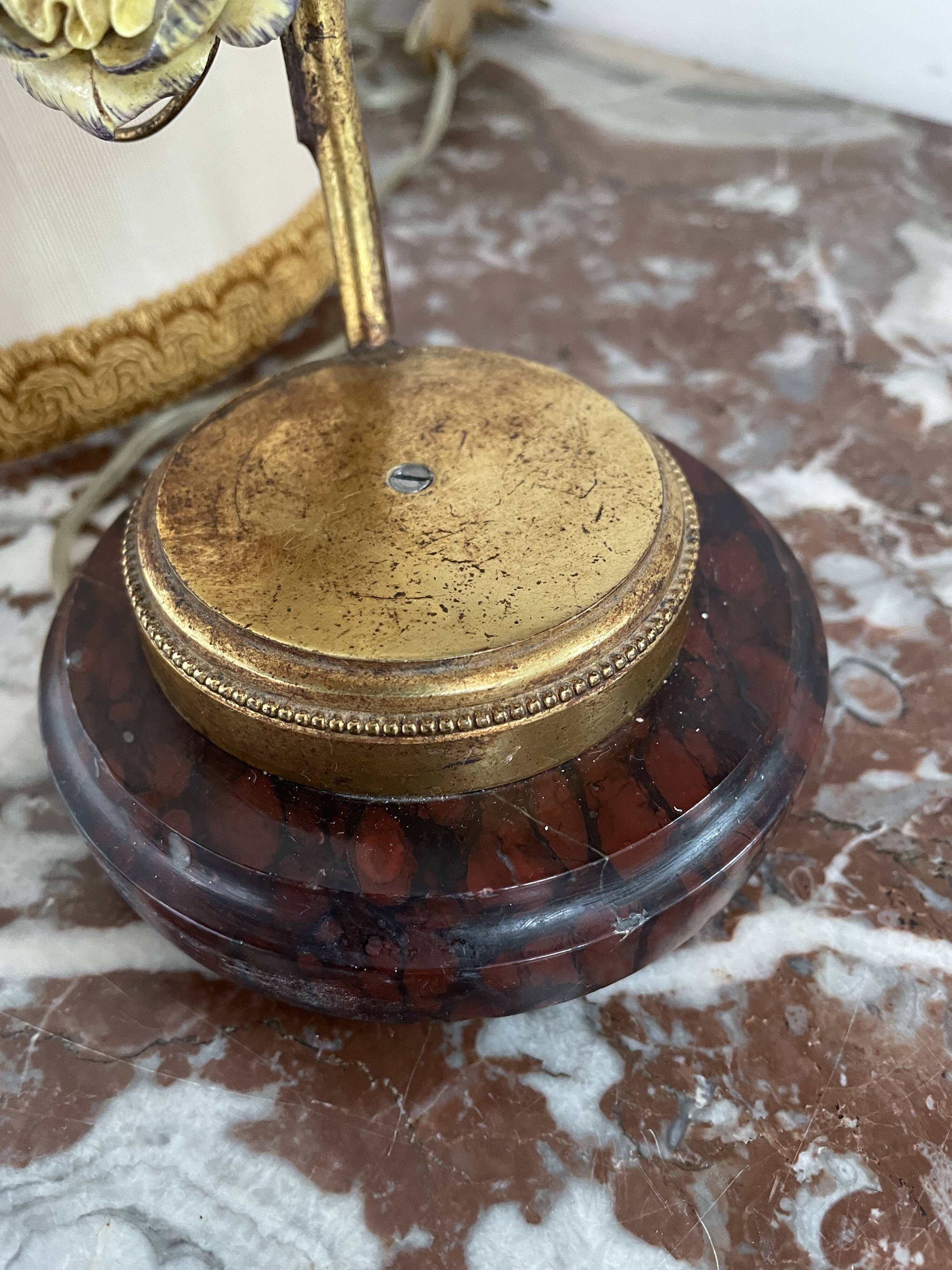 Lamp, Capodimonte, porcelain flowers, polychrome, brass leaves, cherry marble base, lampshade