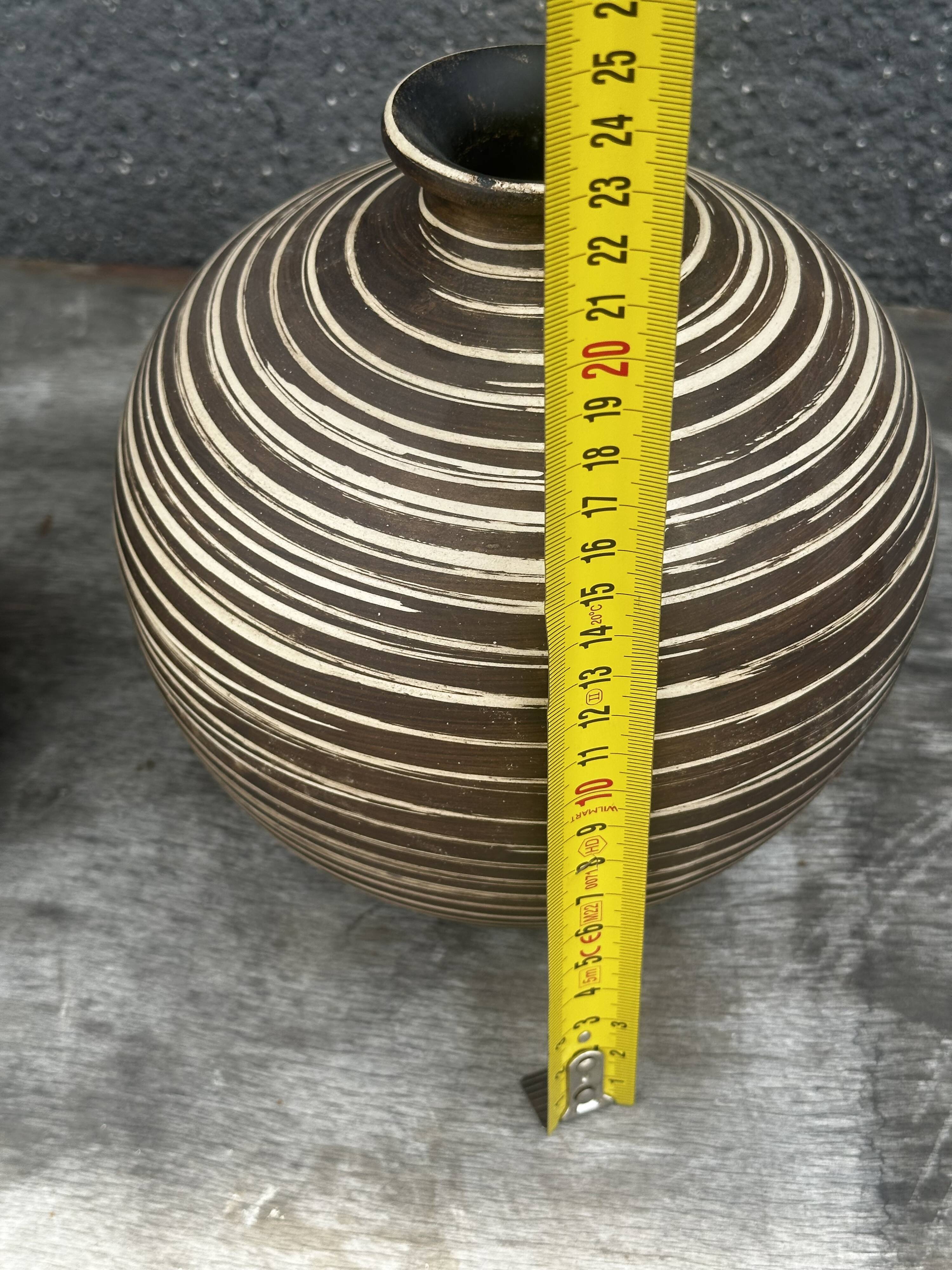 Two Vintage Ethnic Ceramic Vases in Cream and Brown Striped