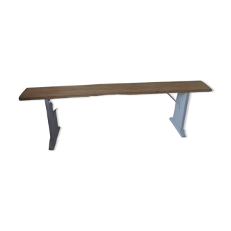 Banc de ferme, bout de lit piètement patiné gris perle, assise bois