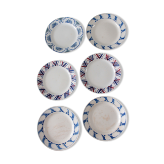 Lot de 6 assiettes vintage assorties bleues et blanches Saint amand