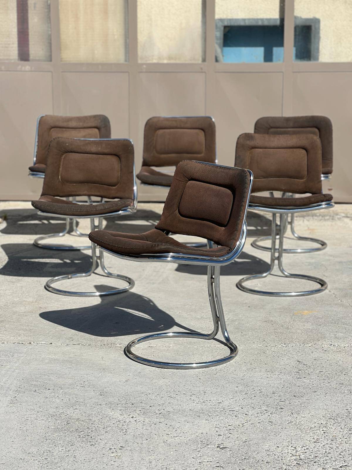 Set of 6 vintage Gastone Rinaldi style chrome steel chairs