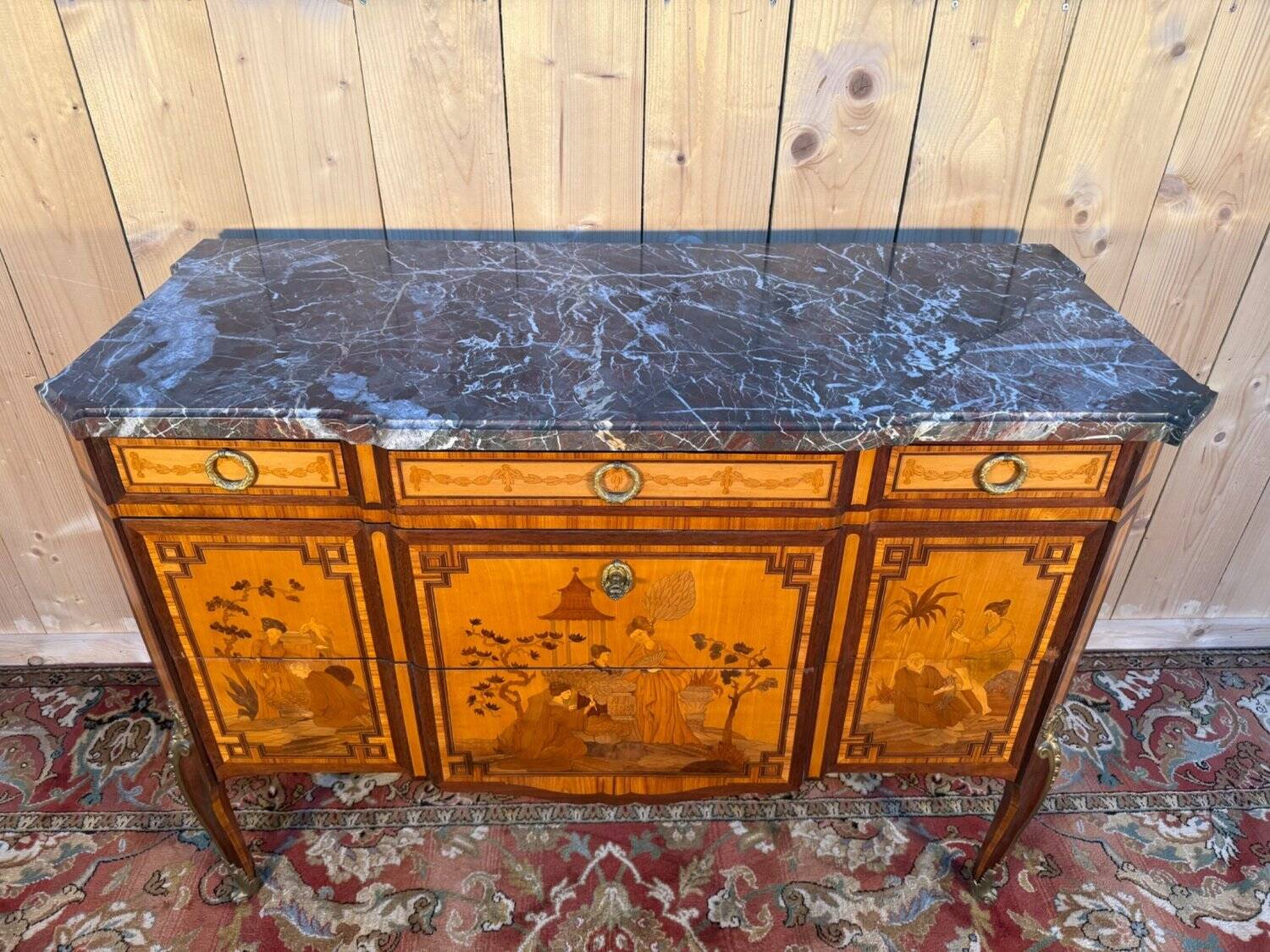 Commode Transition oriental marquetry, 1920s, black marble