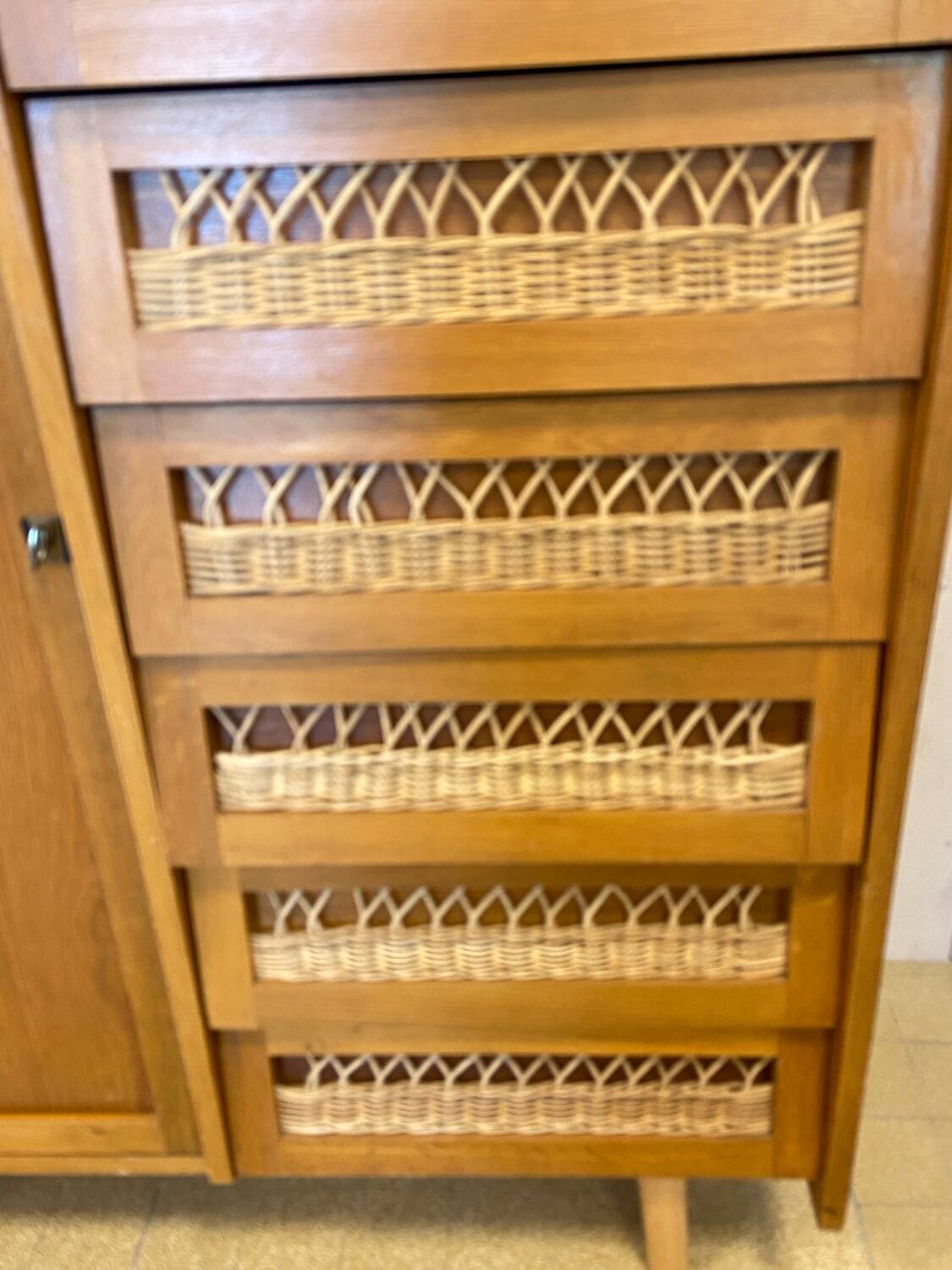 Wood and rattan chest of drawers and wardrobe