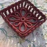 Fruit bowl in red slip, square shape, enamelled ceramic, old