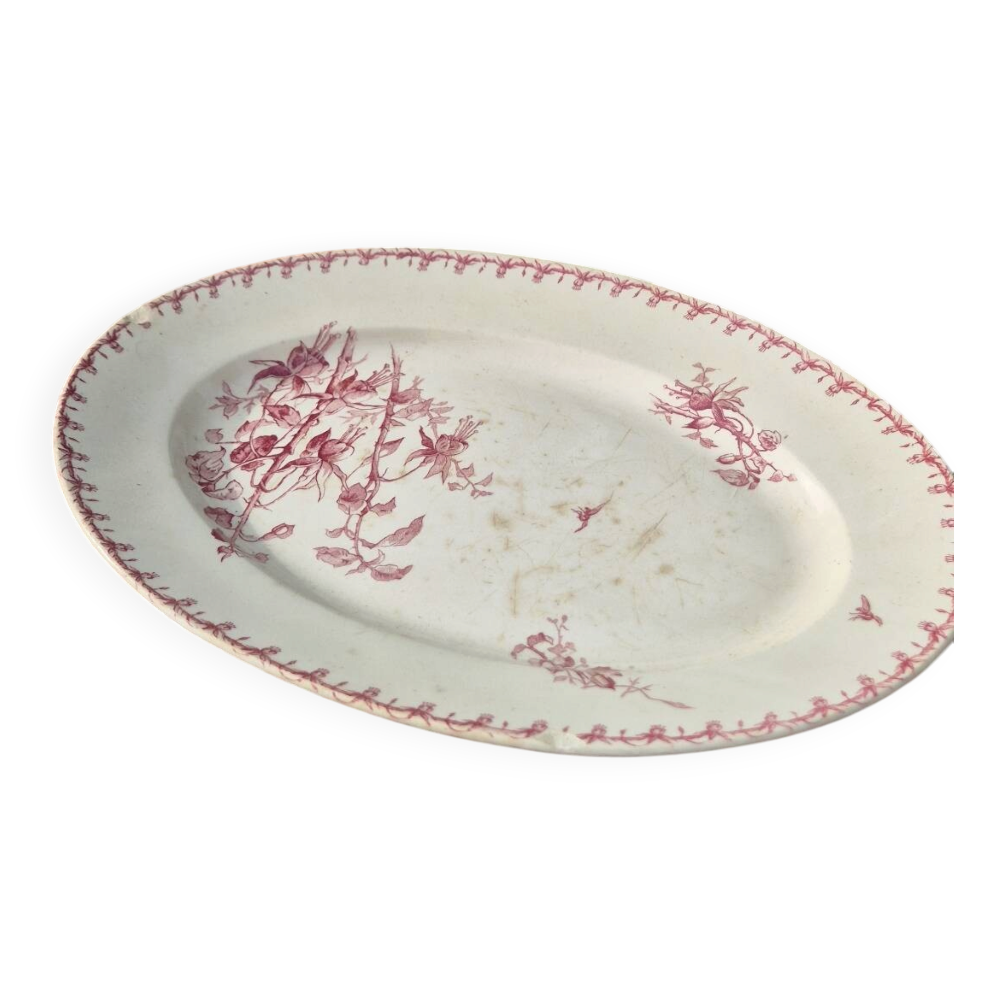 🍽️ Large antique oval dish – Opaque porcelain from Gien – Fuchsi decoration