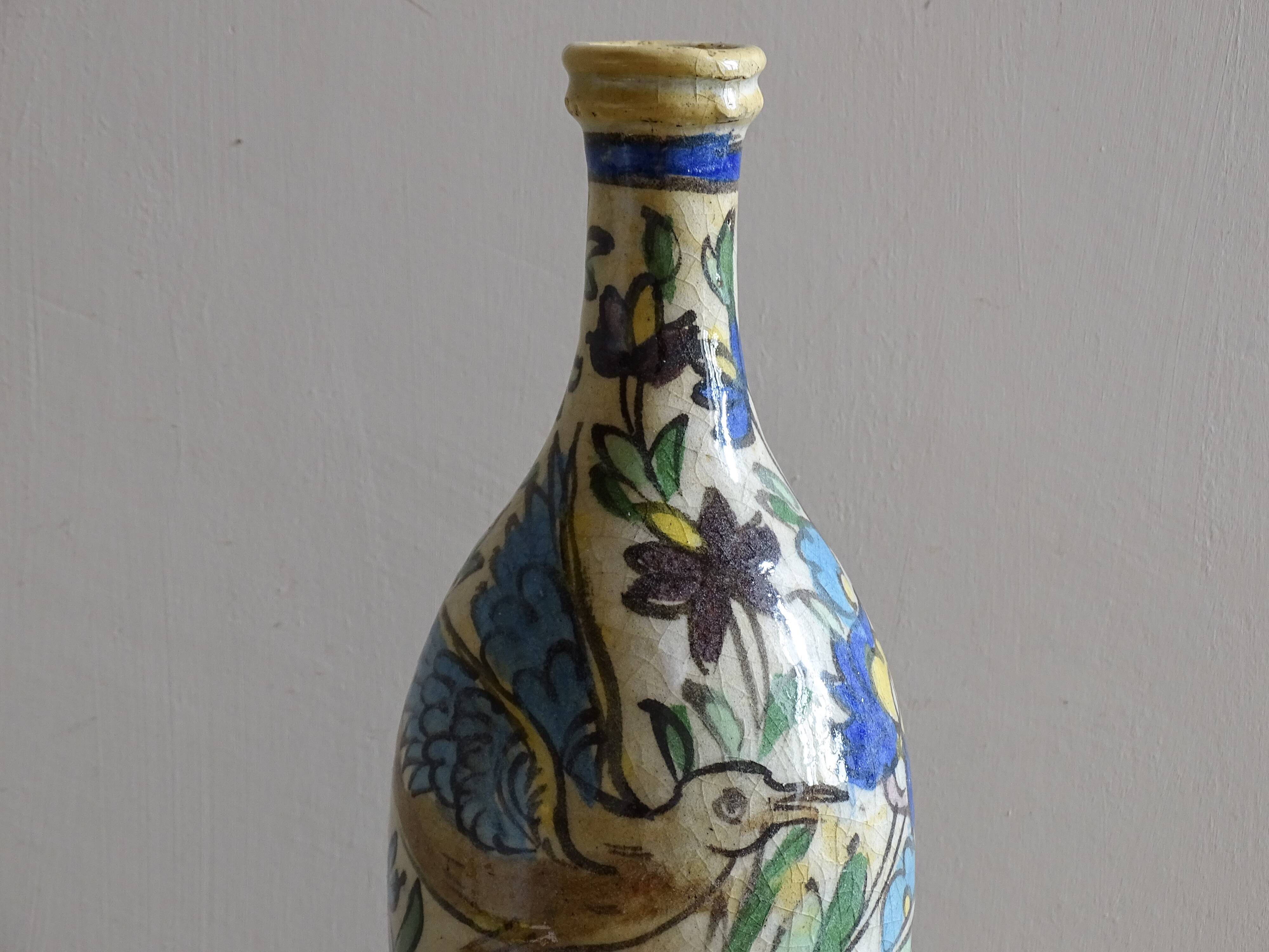 Antique Iznik Style Pottery Bottle with Birds, Ottoman Revival Ceramic Vase
