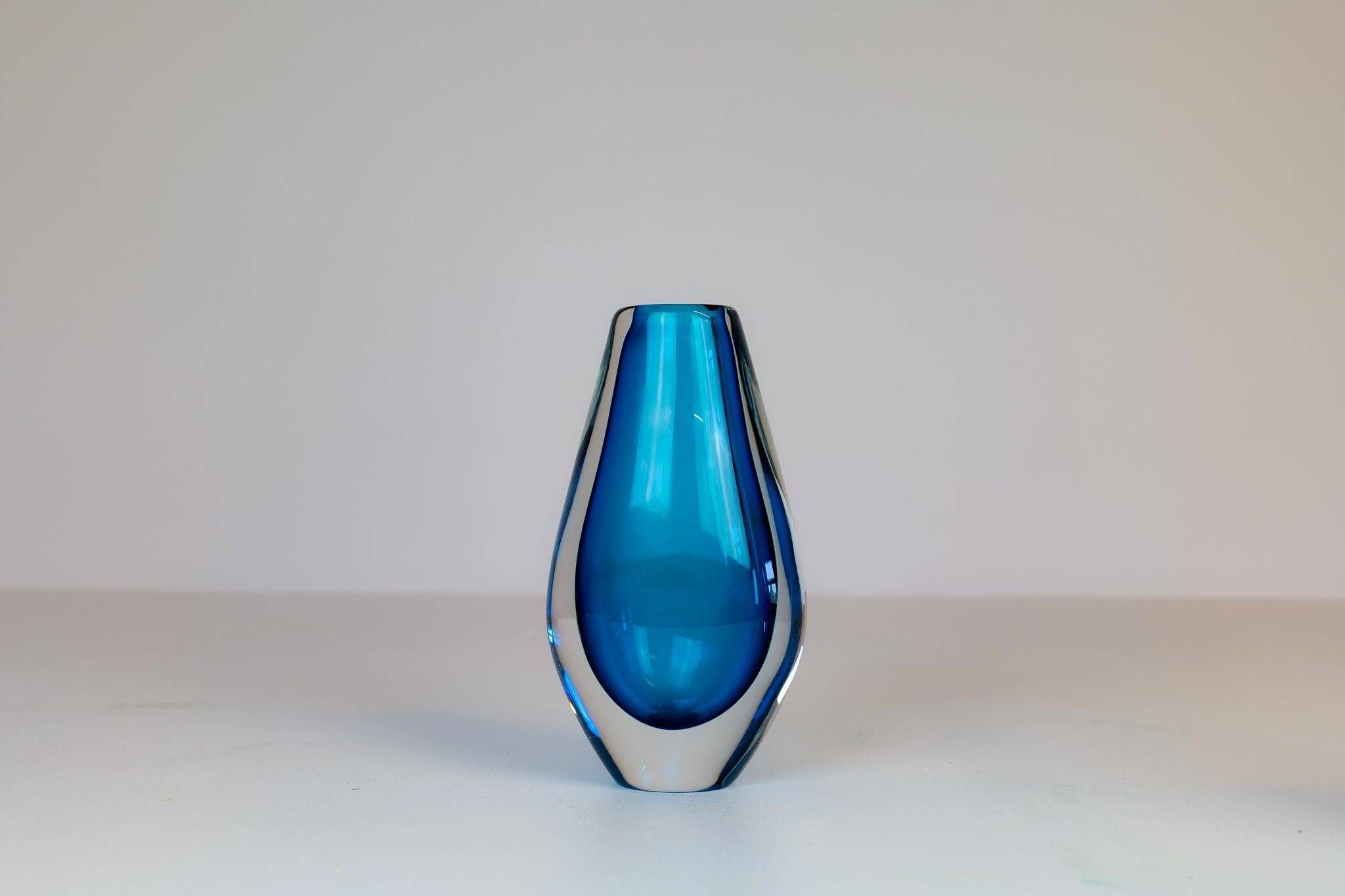 Pair of heavy crystal vases by Orrefors Mid-Century Modern by Sven Palmqvist, light blue.