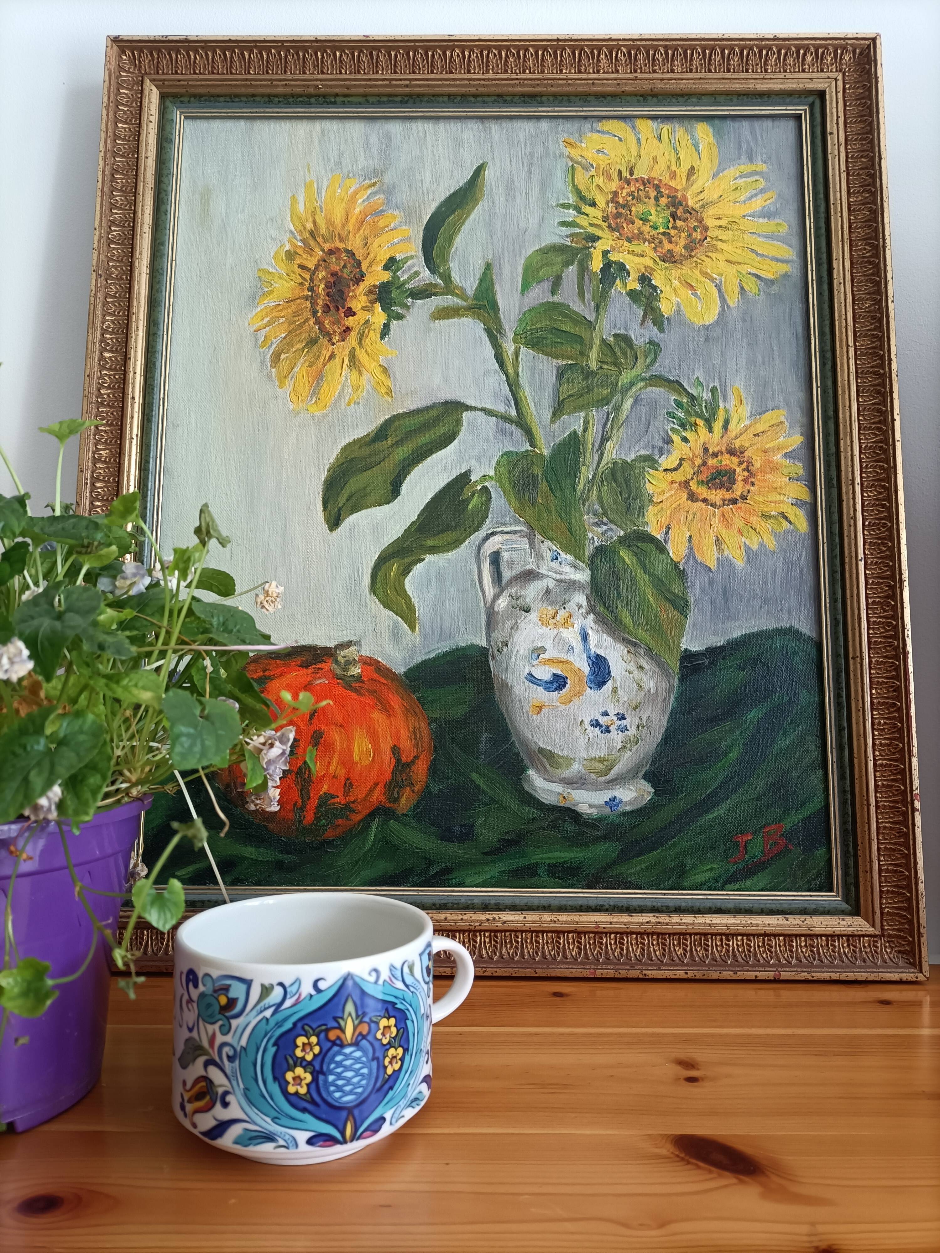 Sunflower and pumpkin painting signed J. Dubuc Berteaux
