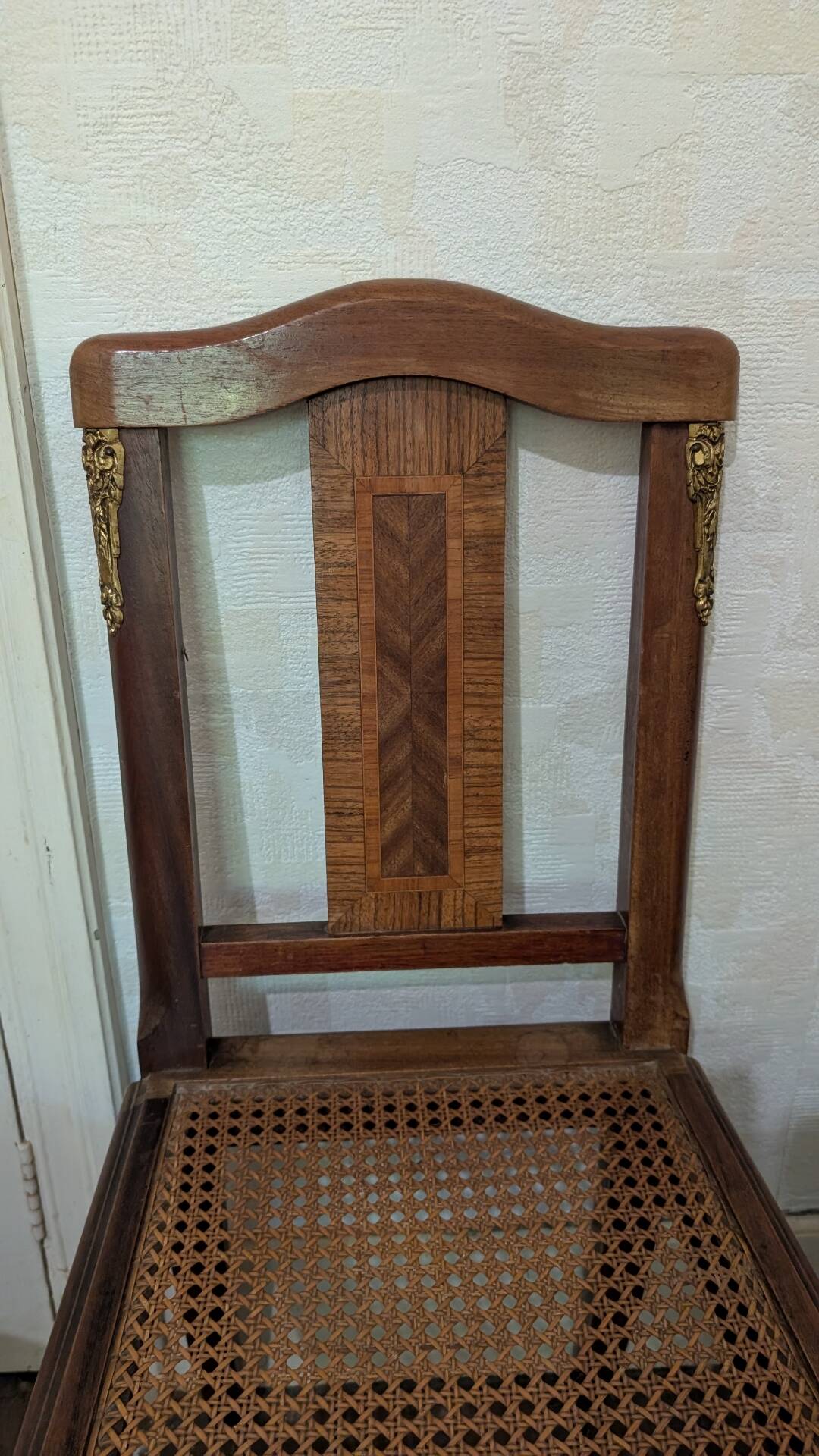 Set of 6 Louis XVI chairs in marquetry wood and caning.