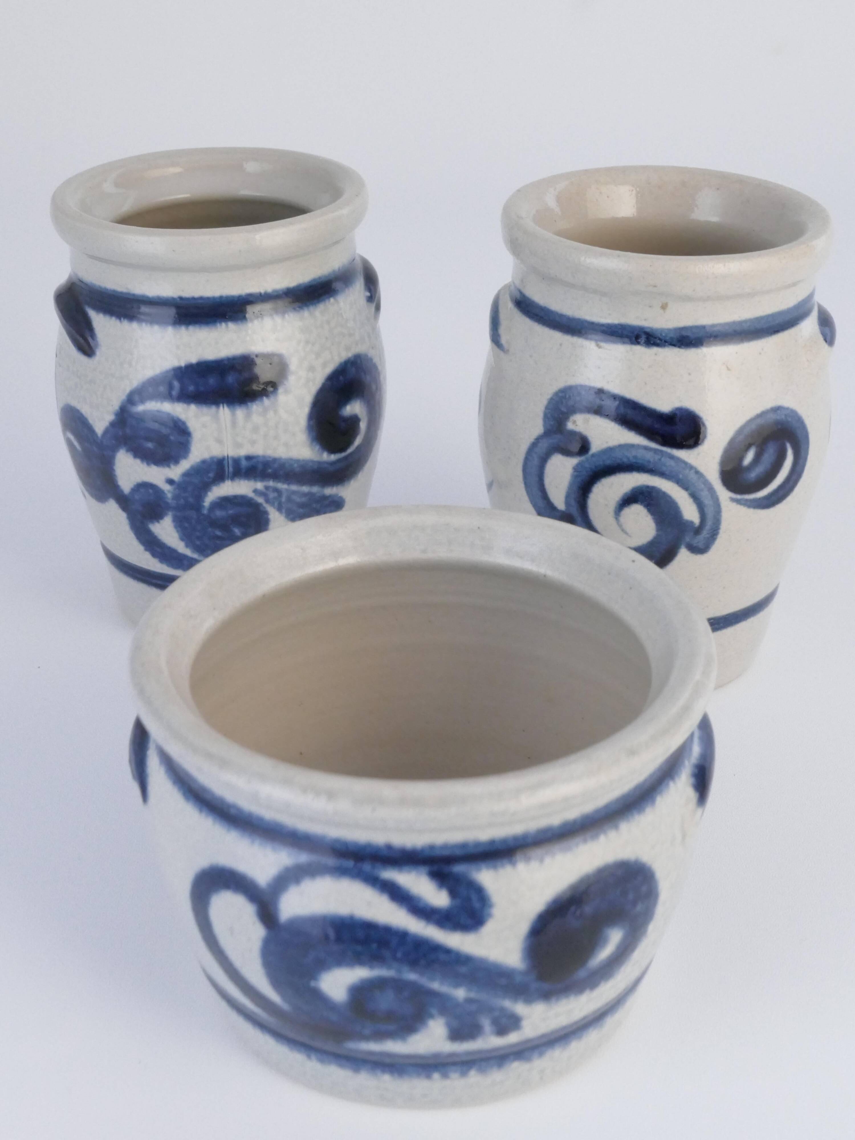 Stoneware Jars with Cobalt Blue Floral Motif from Westerwald, Germany, Set of 3
