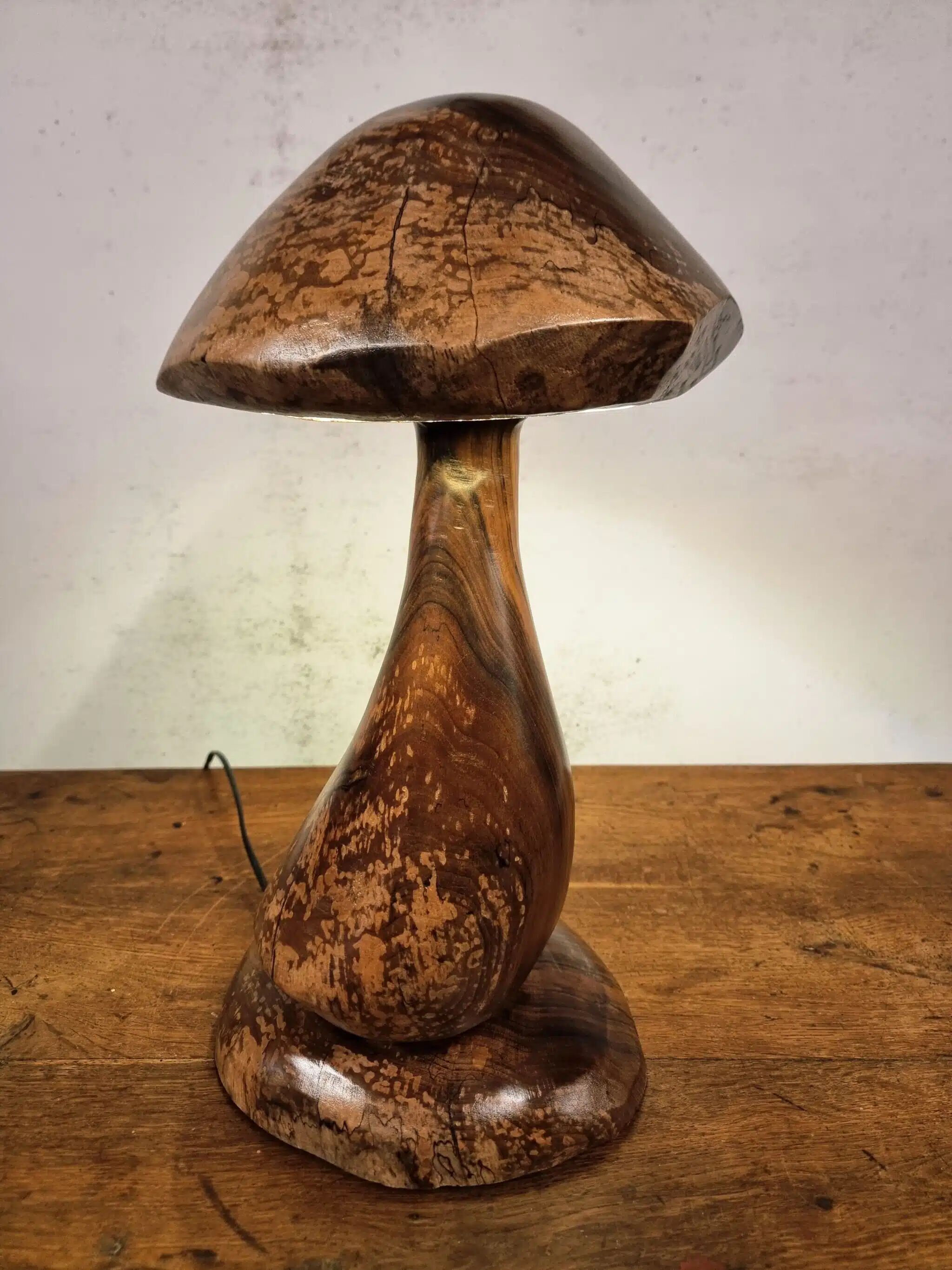 Hand-carved wooden mushroom table lamp with integrated LED