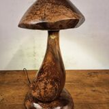 Hand-carved wooden mushroom table lamp with integrated LED