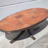 Jean Jaffeux coffee table, glazed lava stone table with wrought iron structure, 60's