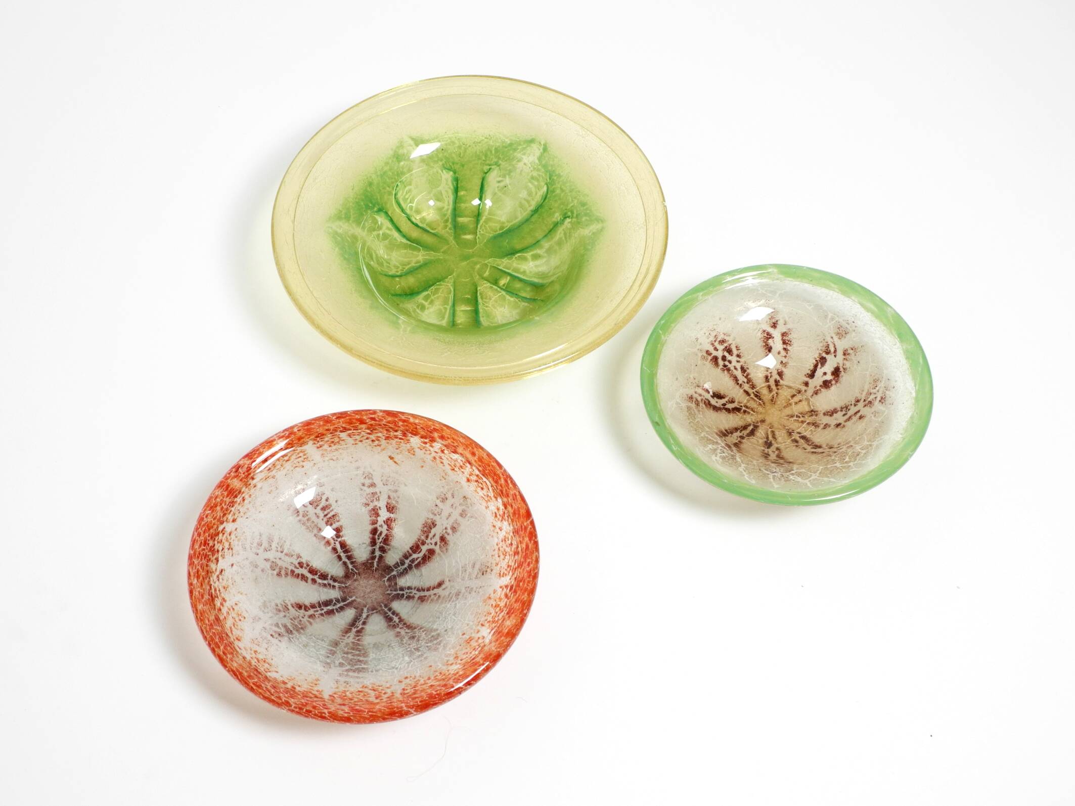 Three large colored 1930s glass bowls by Karl Wiedmann for WMF Ikora