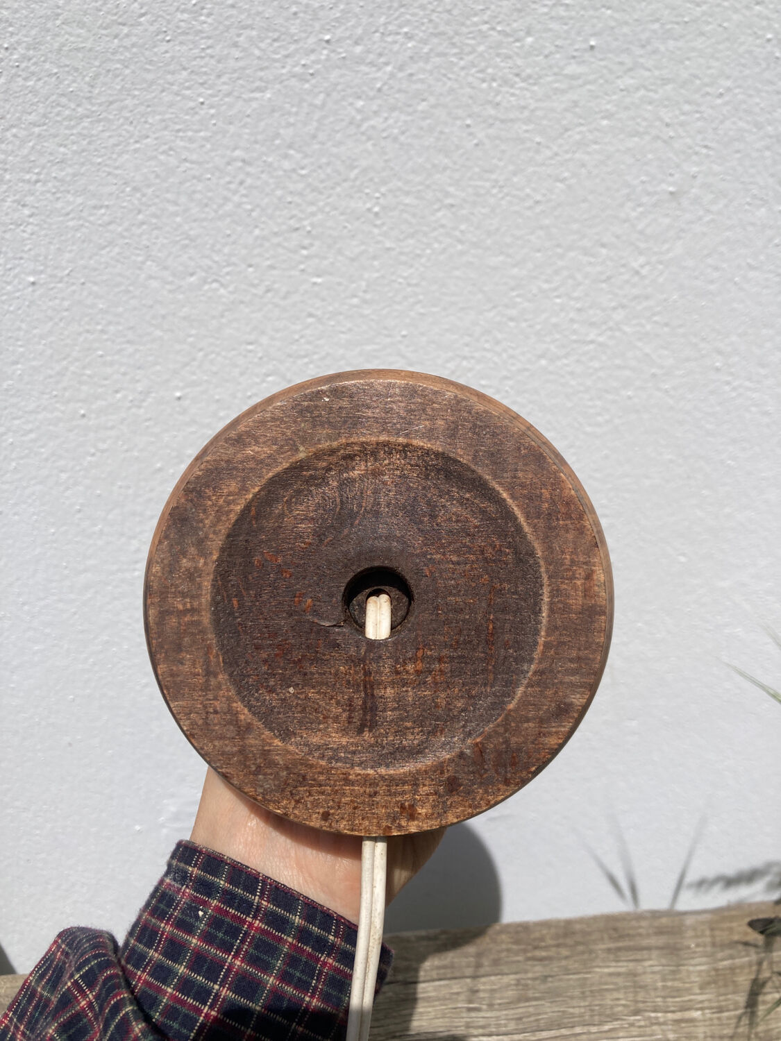 Wooden table lamp and vintage orange lampshade candle holder style