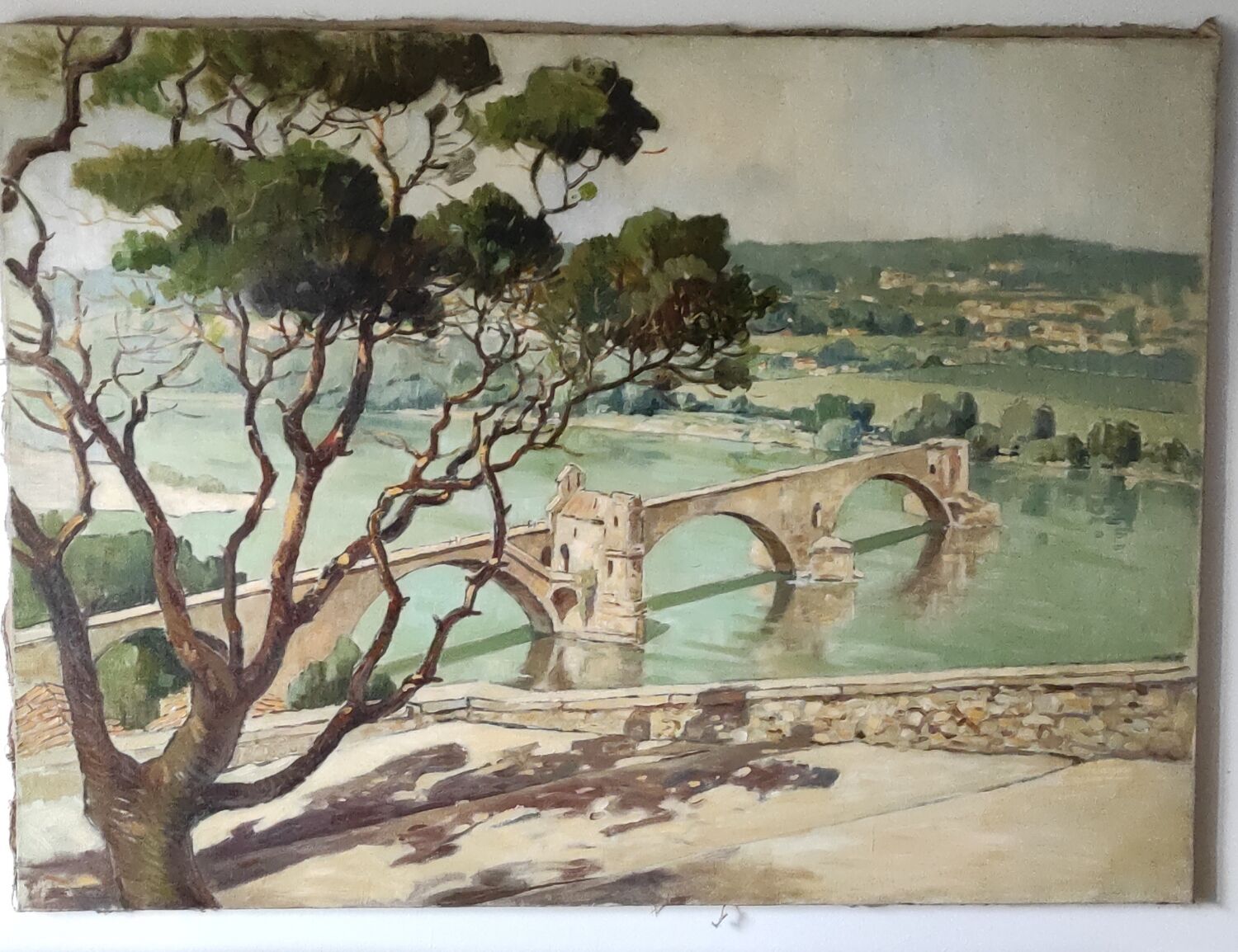 Painting The Avignon Bridge impressionist landscape Oil on canvas 30s 40s