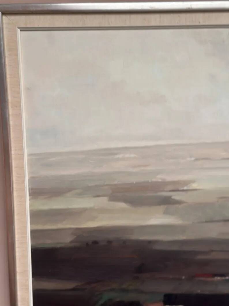 Oil on panel original Swedish - "House in a flat landscape" by Evert Färhm - Dated 1968 - vintage and framed - 81 × 68 cm (31.9" × 26.8")