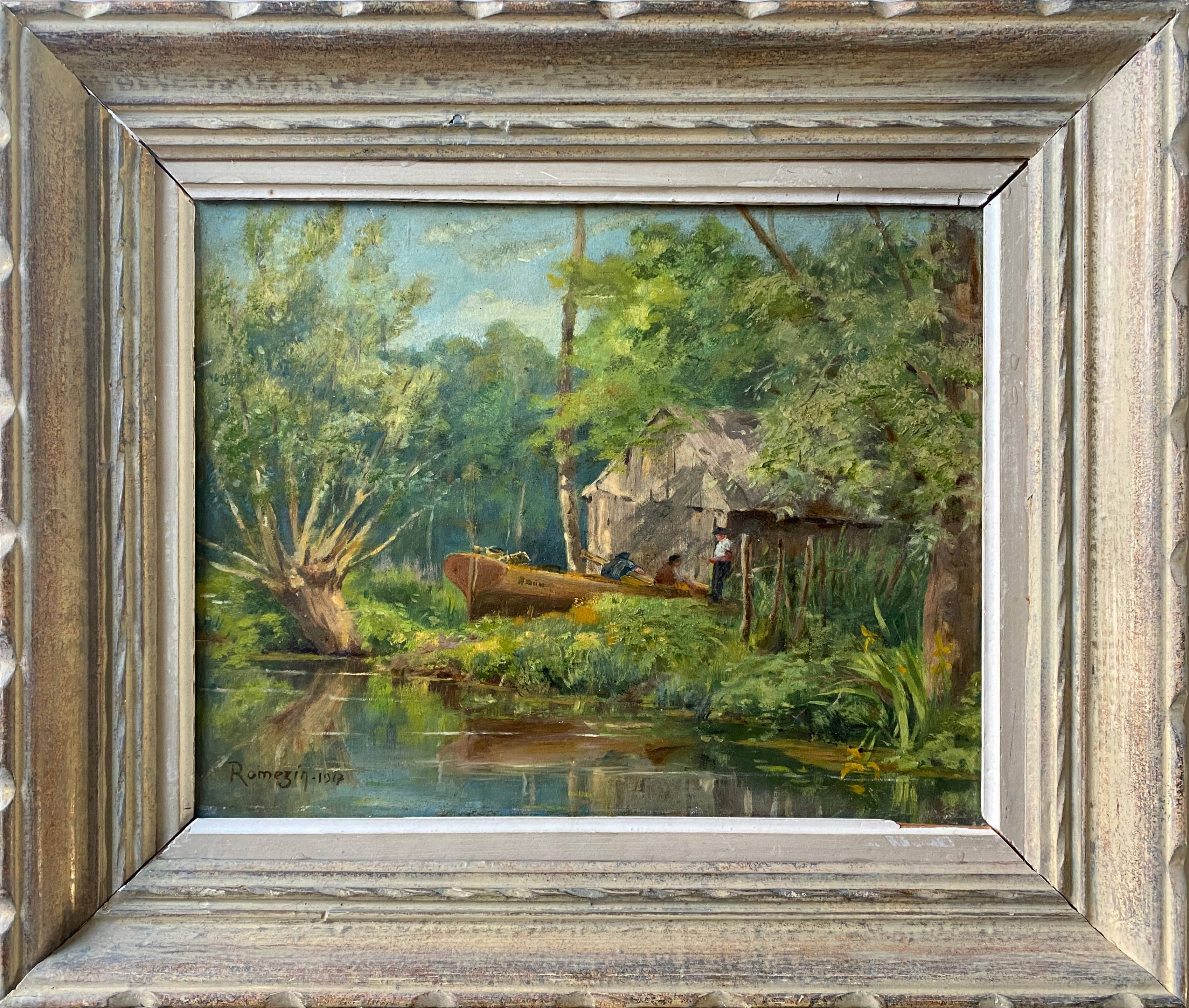 HSP 1917 painting signed Romezin "Cabin by the water" + frame