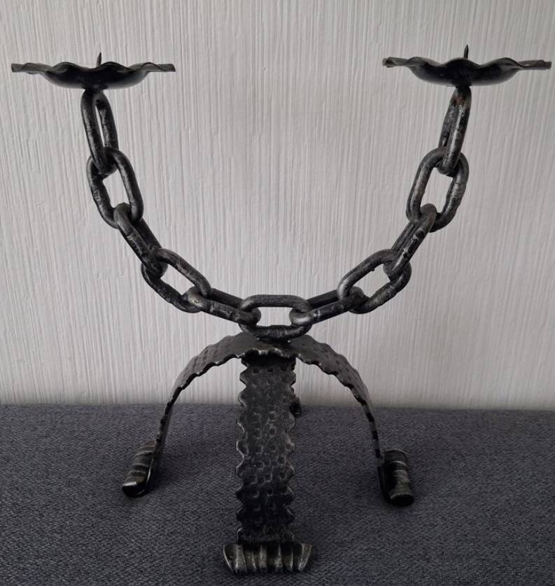 Brutalist double candle chandelier—wrought iron, chain and tripod base