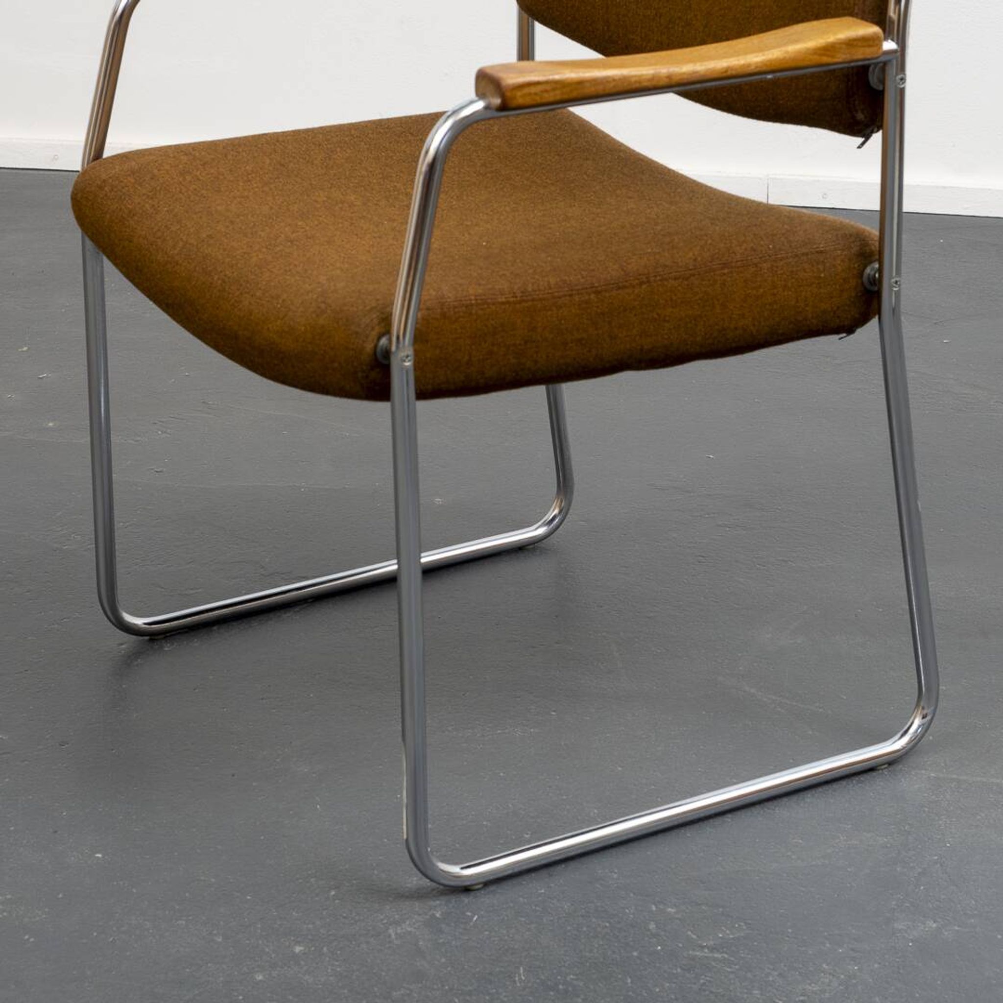 Armchair, 1960s, chrome metal frame, teak armrests.