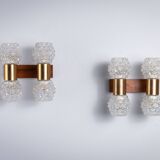 Pair of Swedish wall lamps with teak wood, brass and glass cup shade