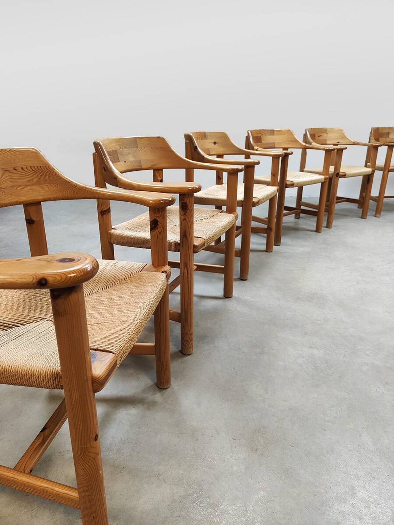 Vintage pine papercord dining chairs Rainer Daumiller
