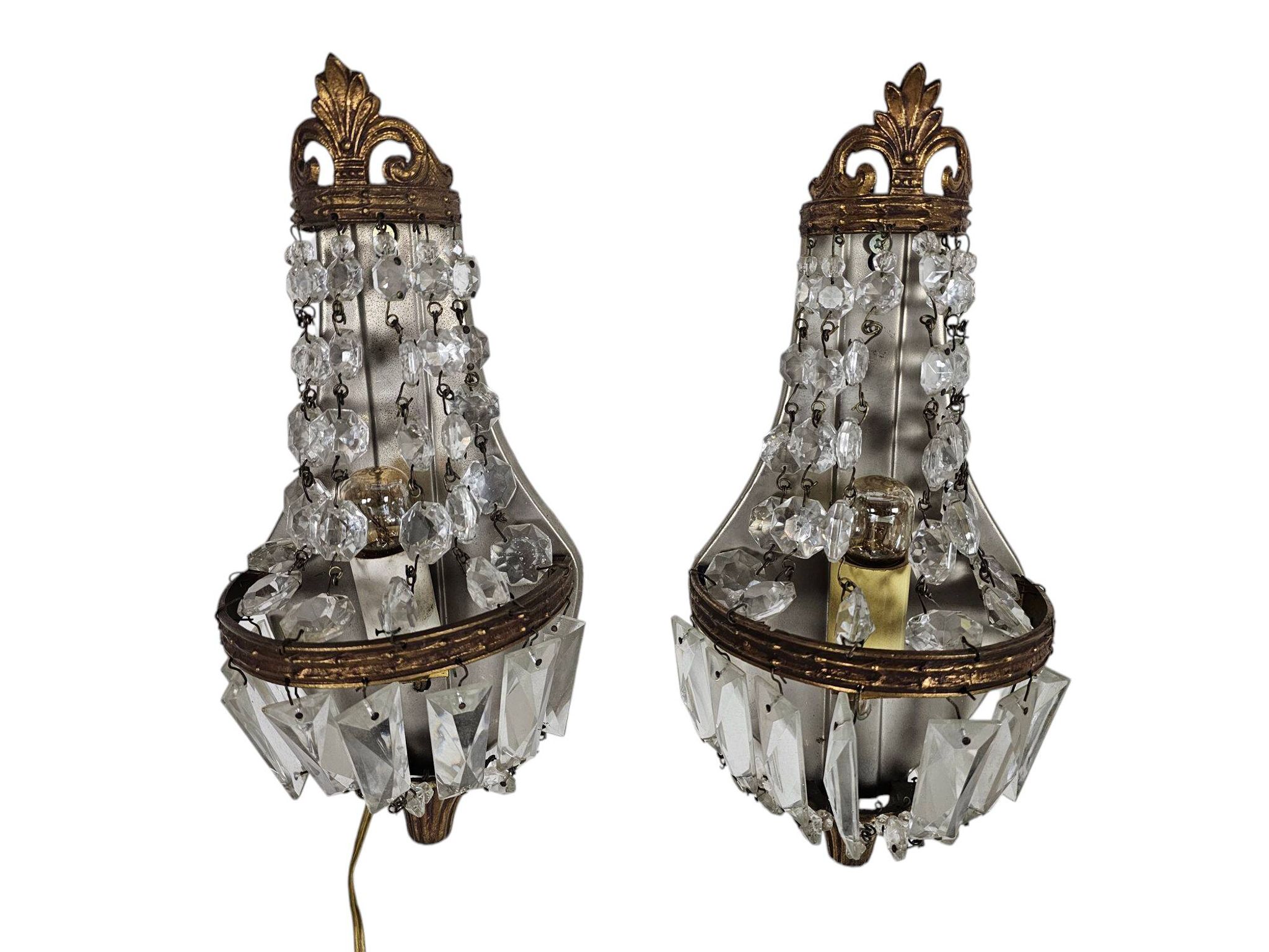 2 wall lamps - gold plated - crystal - 60's