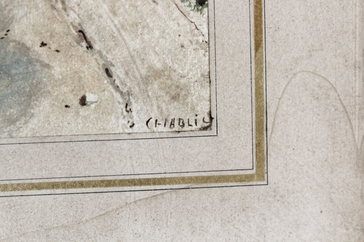 Watercolor signed, chickens in front of a ruin