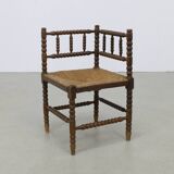 Chaise d'angle ancienne hollandaise en chêne et jonc, vers 1900