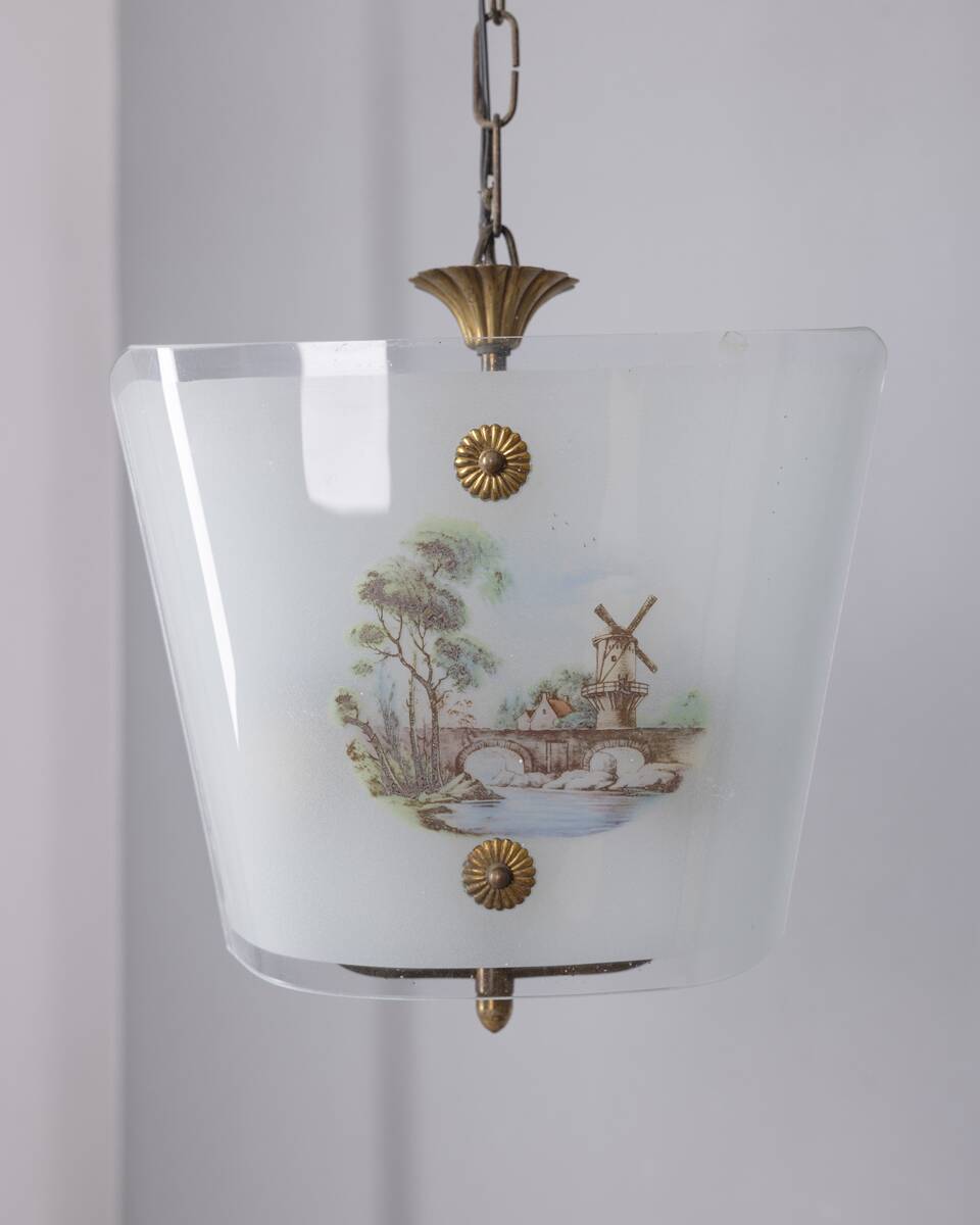 Vintage 1950s chandelier in decorated glass, italian design