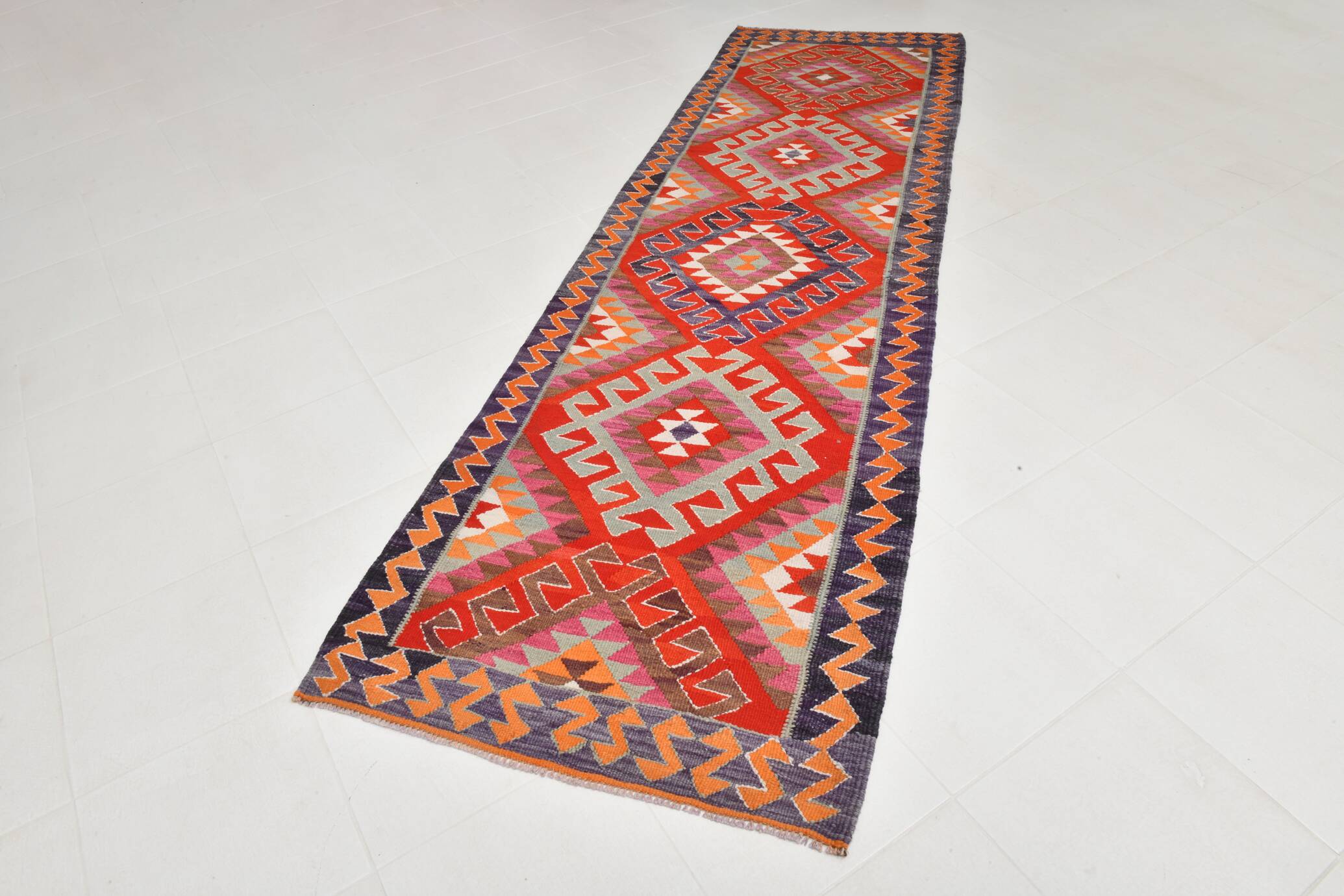 3x12 Kilim Red & Purple  Runner Rug, 102x355Cm