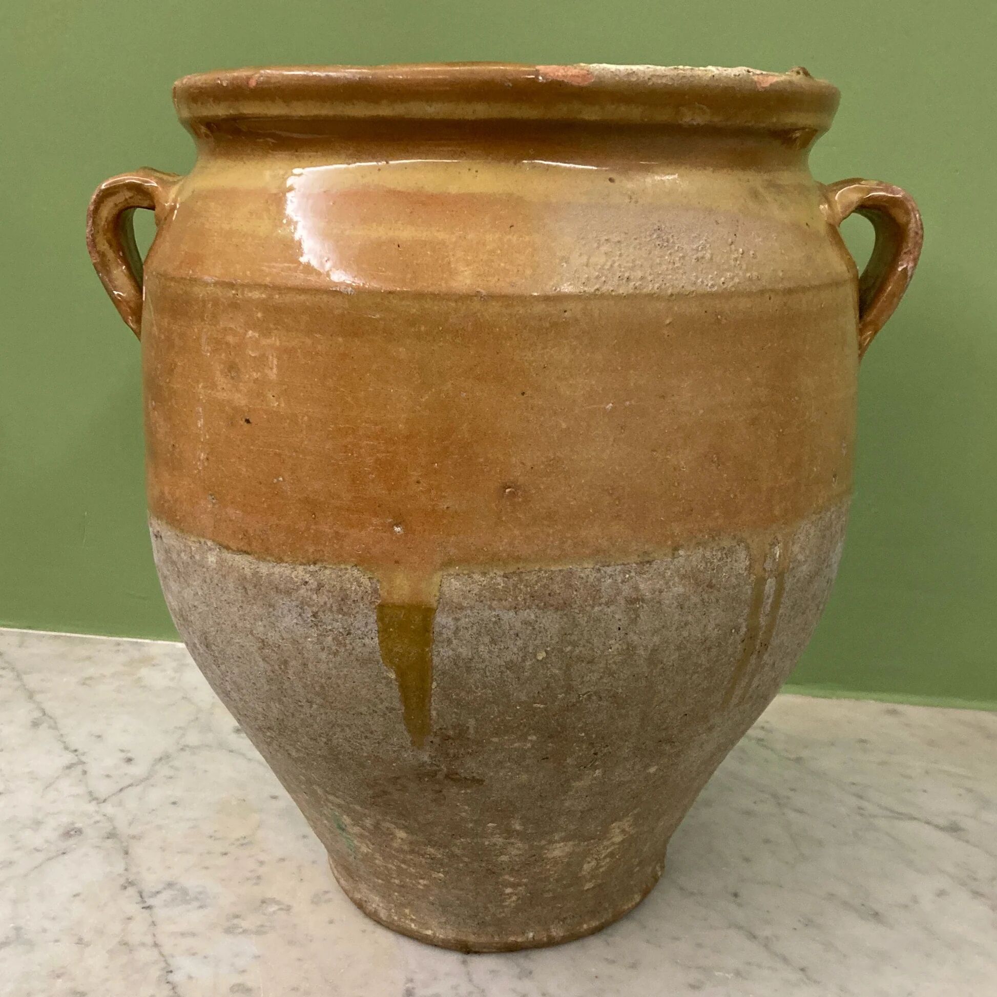 19th-century confit pot. Glazed yellow terracotta pottery.