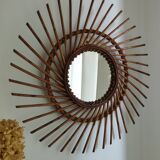 Large vintage bamboo and rattan sun mirror 53 cm in diameter